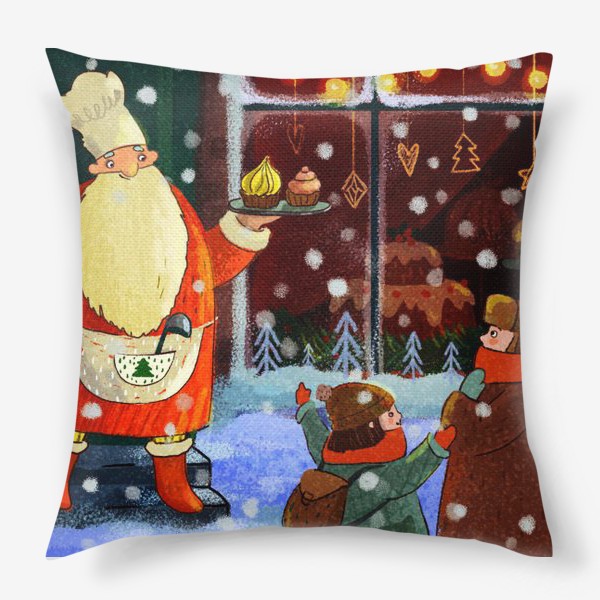 Подушка «Дед Мороз, дети, пирожные»