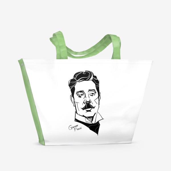 Пляжная сумка «Джакомо Пуччини, графический портрет композитора, черно-белый»
