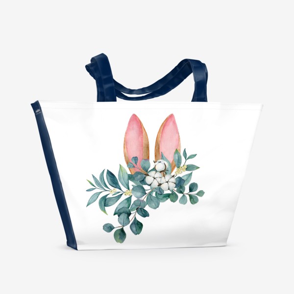 Пляжная сумка &laquo;Принт с заячьими ушами и букетом из омелы, эвкалипта и цветами хлопка&raquo;