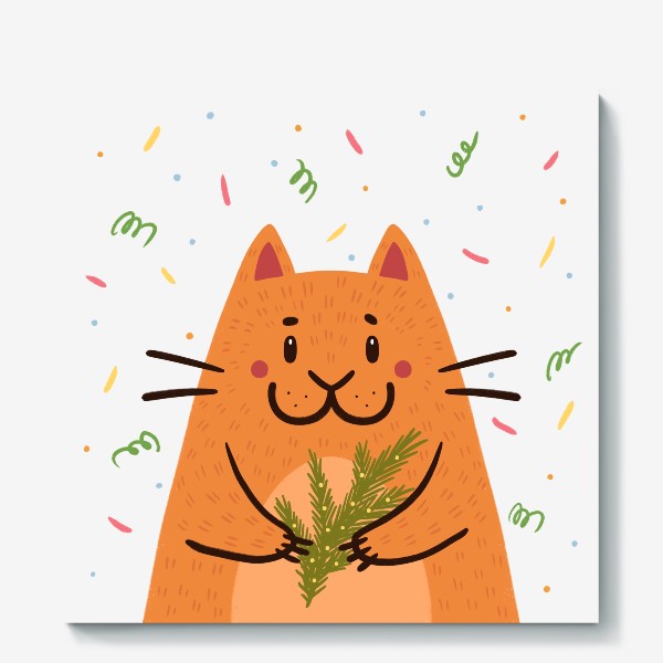Холст «Милый кот с еловой веточкой. Новый год»