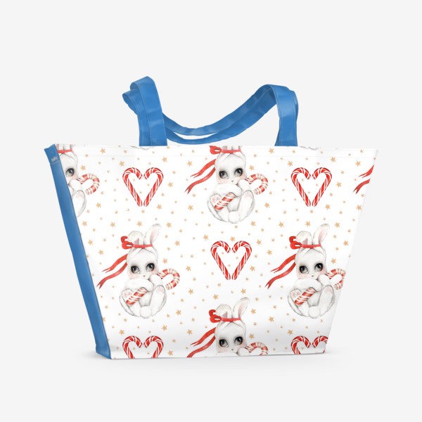 Пляжная сумка «Новогодний зайка. Леденцовые сердечки.»