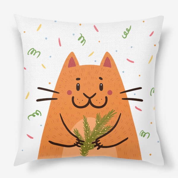 Подушка «Милый кот с еловой веточкой. Новый год»