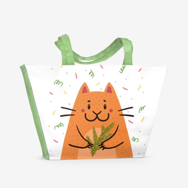 Пляжная сумка «Милый кот с еловой веточкой. Новый год»