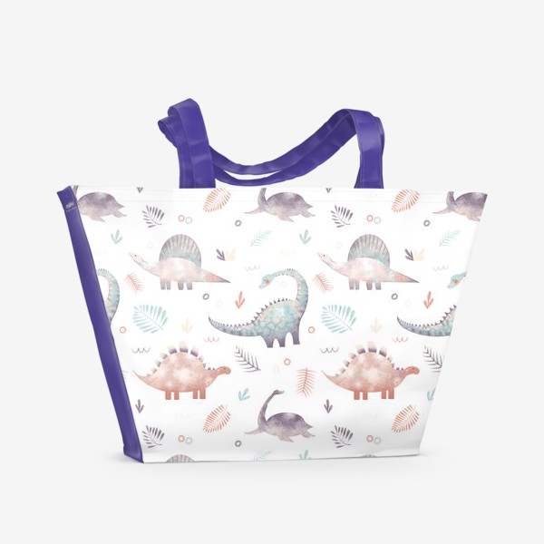 Пляжная сумка «Акварельный нарисованный вручную фон с детскими иллюстрациями милых динозавров, тропических листьев. Персонаж дино»