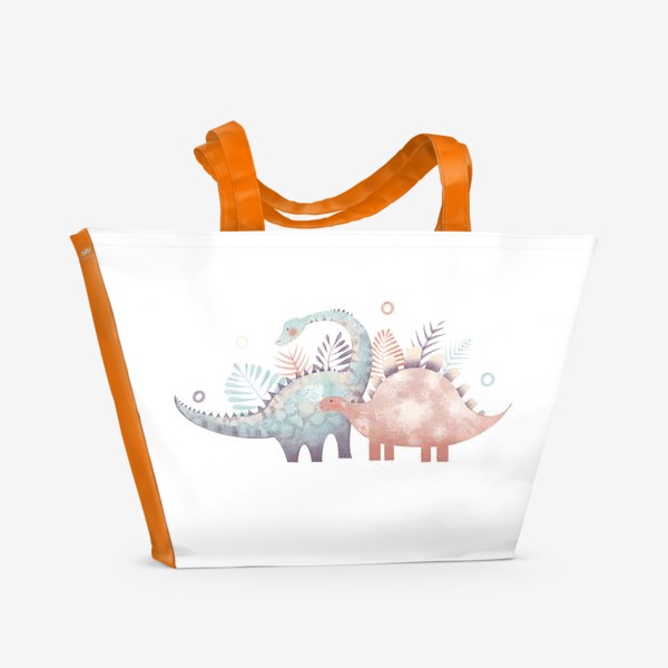 Пляжная сумка «Акварельный нарисованная детская иллюстрация с милых динозаврами, тропическими листьями. Персонаж дино»