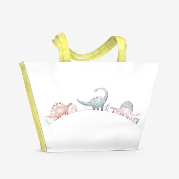 Пляжная сумка &laquo;Акварельный нарисованная детская иллюстрация с милых динозаврами, тропическими листьями. Персонаж дино&raquo;