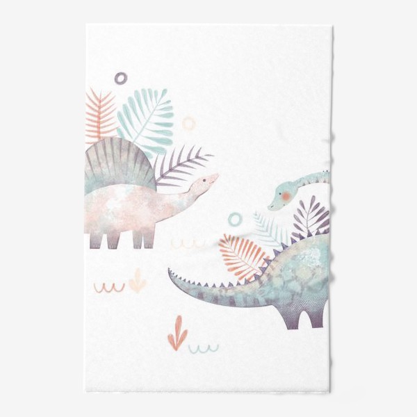 Полотенце «Акварельный нарисованная детская иллюстрация с милых динозаврами, тропическими листьями. Персонаж дино»