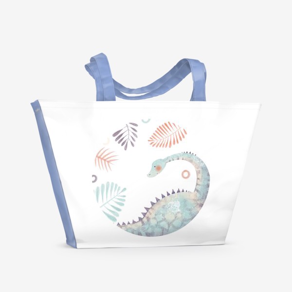 Пляжная сумка «Акварельный нарисованная вручную детская иллюстрация в круге с милым динозавром, тропическими листьями. Персонаж дино»