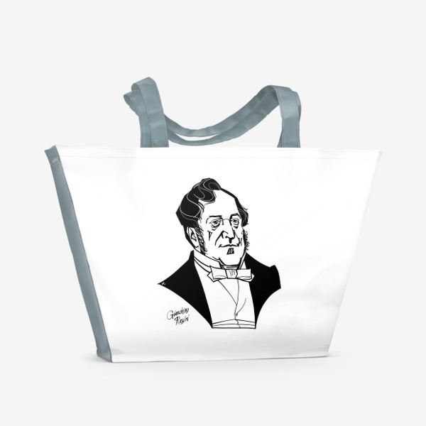 Пляжная сумка «Джоаккино Россини, графический портрет композитора, черно-белый»