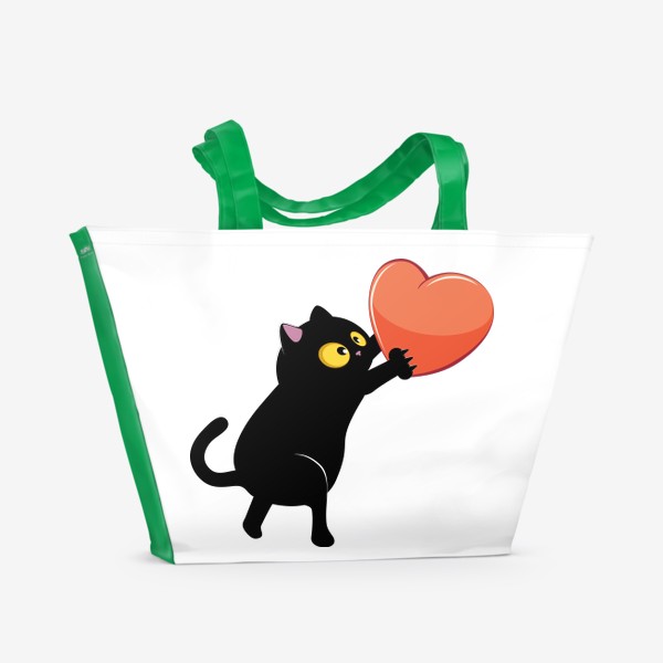Пляжная сумка «Черный кот несет сердце»