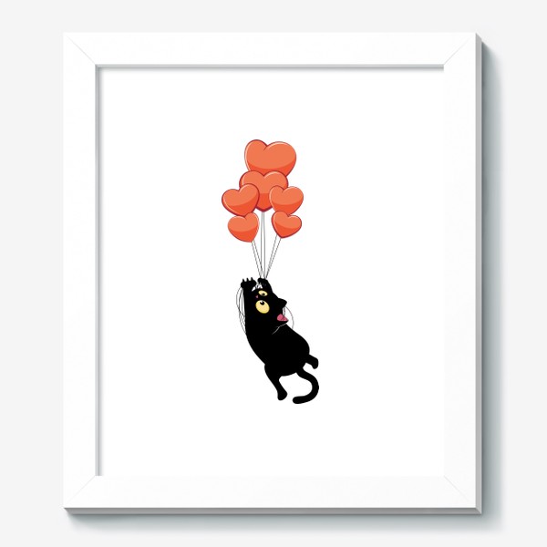 Картина «Черный кот летит на воздушных шарах сердечках»