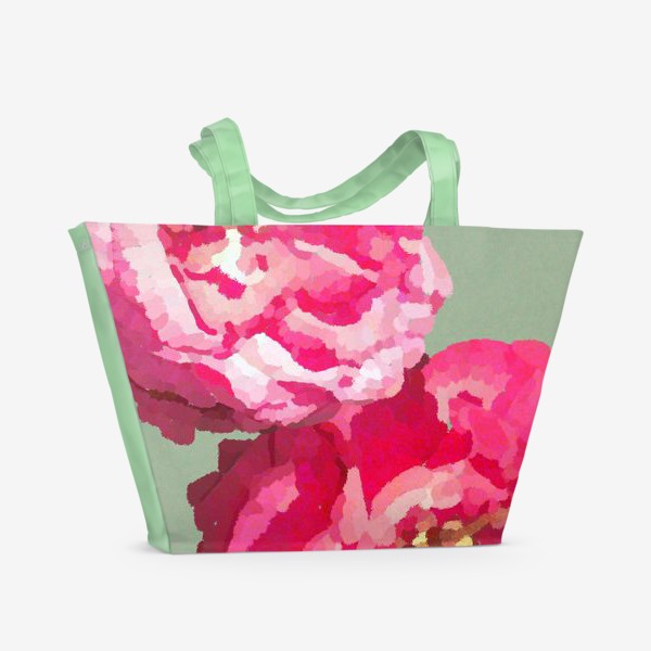 Пляжная сумка «Розовые цветы на зеленом фоне / Pink flowers on green background »