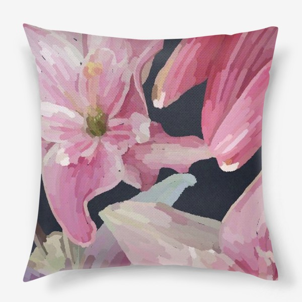 Подушка «Розовые лилии на темном фоне / Pink lilies on dark background»