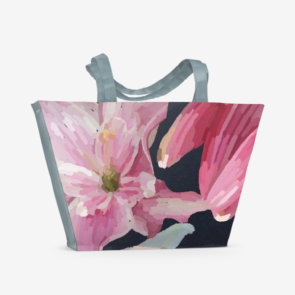 Пляжная сумка «Розовые лилии на темном фоне / Pink lilies on dark background»