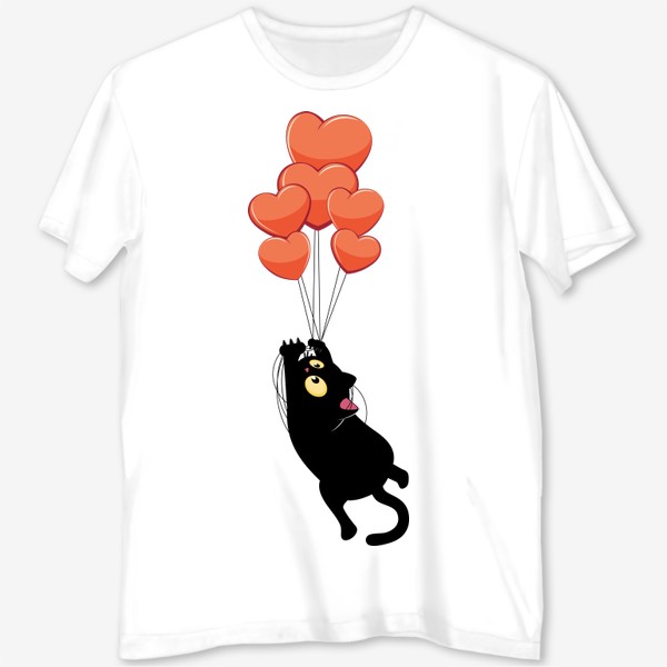 Футболка с полной запечаткой &laquo;Черный кот летит на воздушных шарах сердечках&raquo;