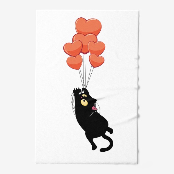 Полотенце «Черный кот летит на воздушных шарах сердечках»