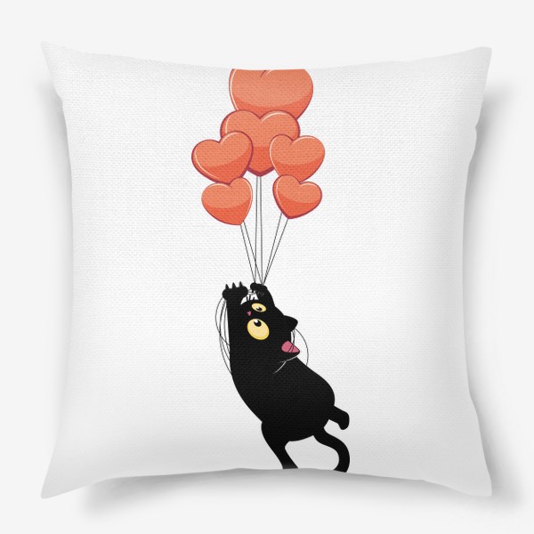 Подушка &laquo;Черный кот летит на воздушных шарах сердечках&raquo;