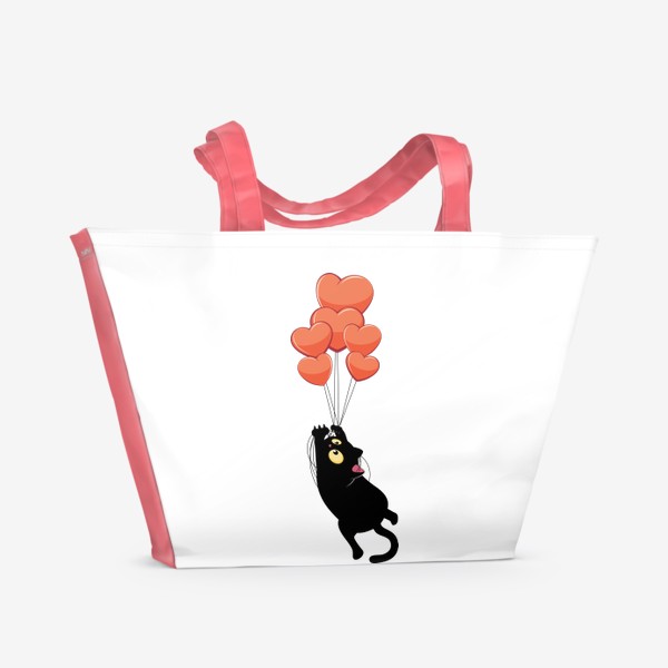 Пляжная сумка «Черный кот летит на воздушных шарах сердечках»