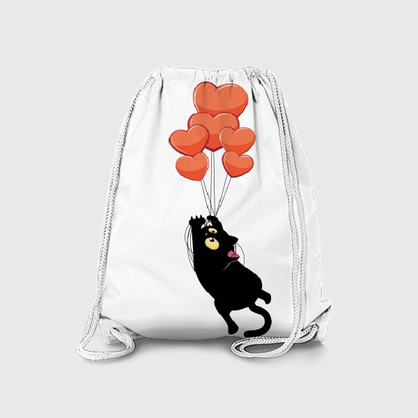 Рюкзак «Черный кот летит на воздушных шарах сердечках»