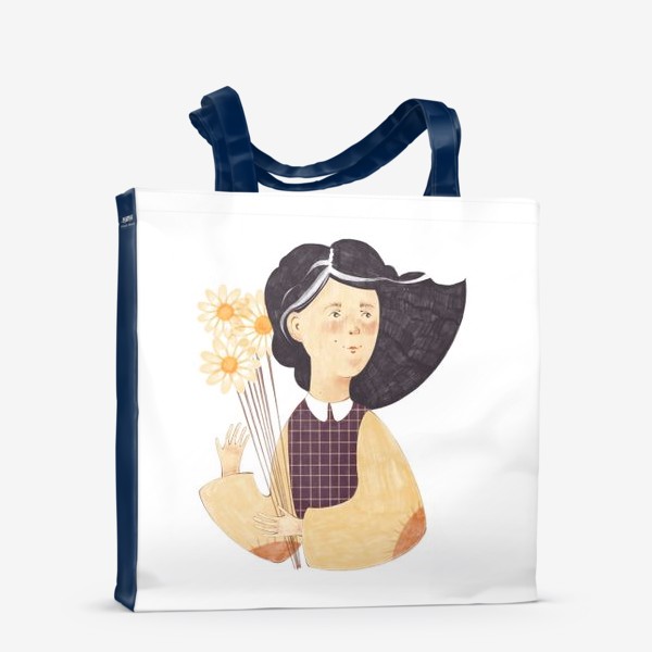 Сумка-шоппер «АКварельная нарисованная вручную иллюстрация с милой девочкой с ромашками в руках»