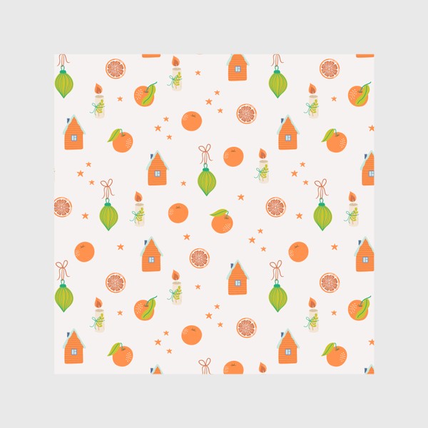 Скатерть «Яркий новогодний паттерн с мандаринами и декором»