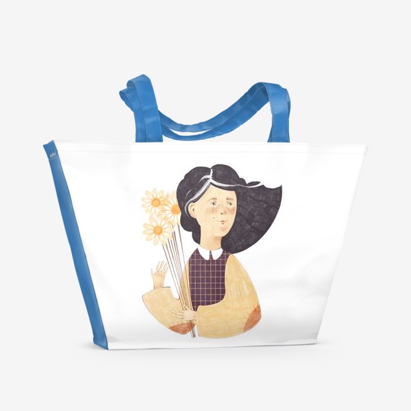 Пляжная сумка «АКварельная нарисованная вручную иллюстрация с милой девочкой с ромашками в руках»