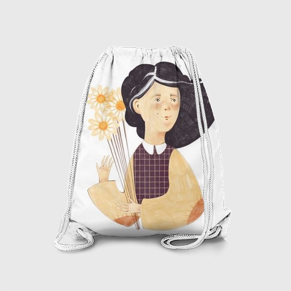 Рюкзак «АКварельная нарисованная вручную иллюстрация с милой девочкой с ромашками в руках»