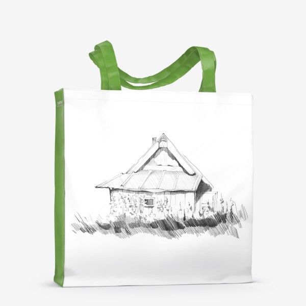 Сумка-шоппер «Нарисованный вручную карандашом скетч с изображением старого деревенского домика из дерева. Милый дом»