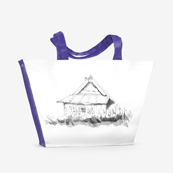 Пляжная сумка «Нарисованный вручную карандашом скетч с изображением старого деревенского домика из дерева. Милый дом»