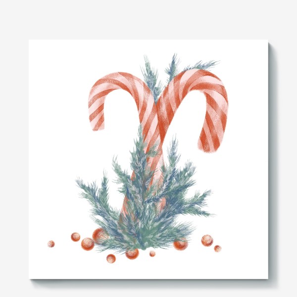 Холст «Акварельная нарисованная вручную Рождественская композиция. Яркая иллюстрация, новогодние полосатые леденцы и ветки ели»