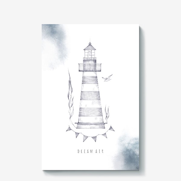 Холст «Акварельная нарисованная вручную морская иллюстрация. Полосатый маяк и акварельные водные пятна»