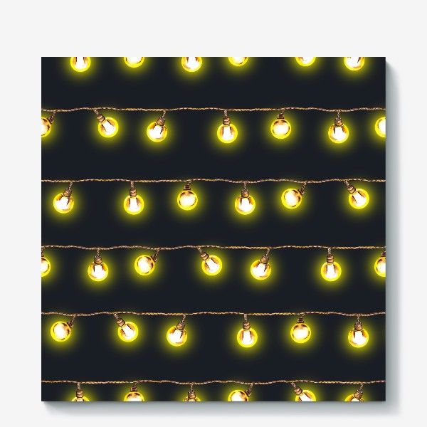 Холст «Новогодняя светящаяся ретро гирлянда Желтые лампочки на темном фоне»