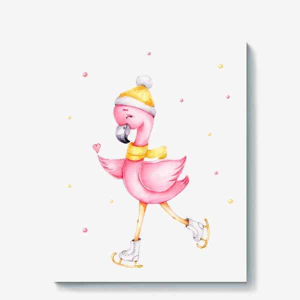 Холст «Розовый фламинго в желтой шапочке и на коньках. Новый год.»