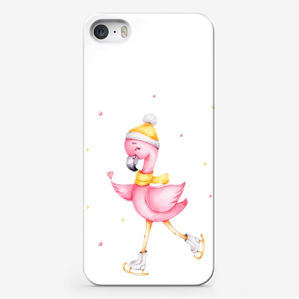 Чехол iPhone «Розовый фламинго в желтой шапочке и на коньках. Новый год.»