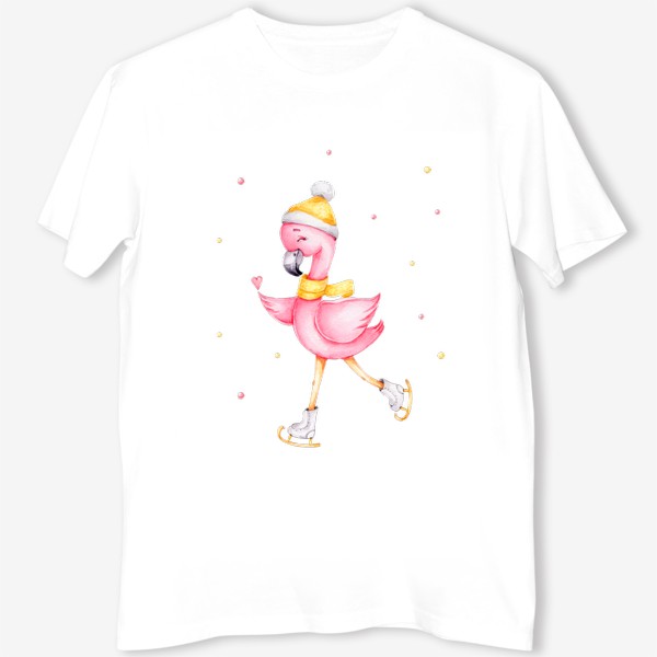 Футболка «Розовый фламинго в желтой шапочке и на коньках. Новый год.»