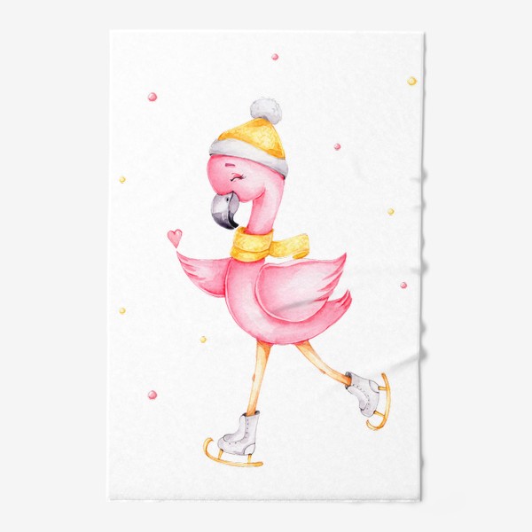 Полотенце «Розовый фламинго в желтой шапочке и на коньках. Новый год.»