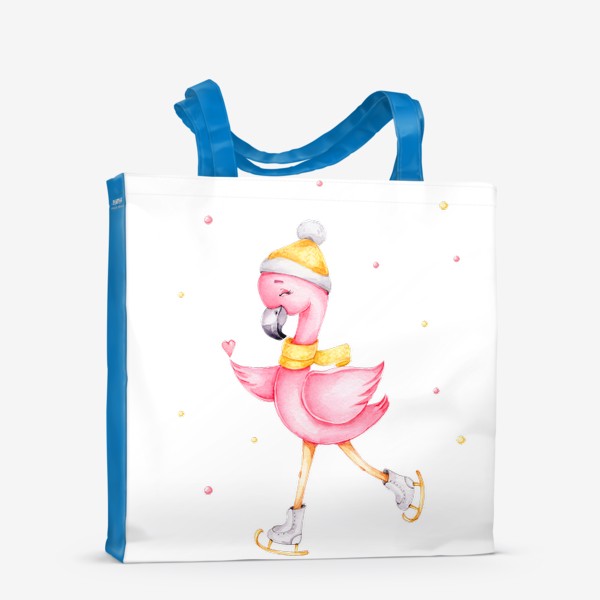Сумка-шоппер «Розовый фламинго в желтой шапочке и на коньках. Новый год.»