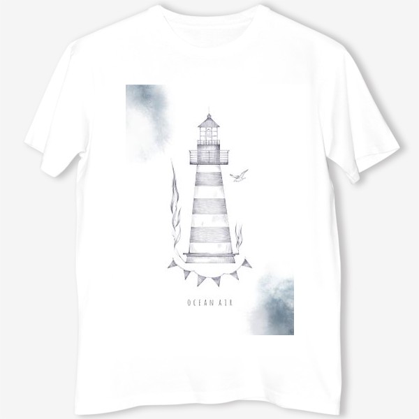 Футболка «Акварельная нарисованная вручную морская иллюстрация. Полосатый маяк и акварельные водные пятна»