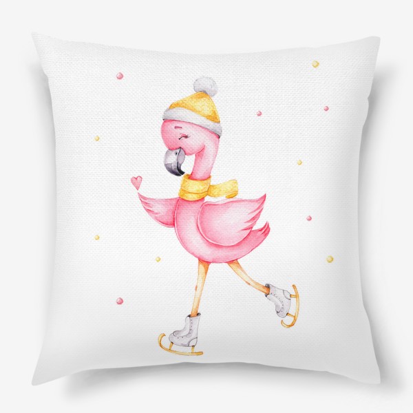 Подушка «Розовый фламинго в желтой шапочке и на коньках. Новый год.»