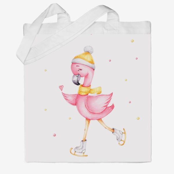 Сумка хб «Розовый фламинго в желтой шапочке и на коньках. Новый год.»