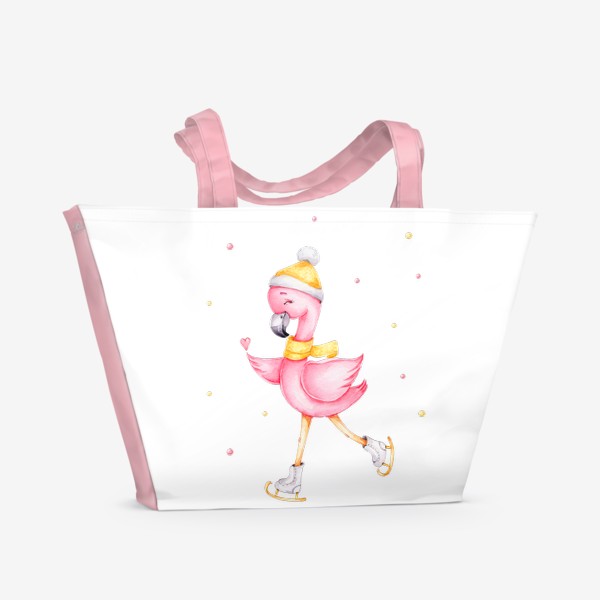 Пляжная сумка «Розовый фламинго в желтой шапочке и на коньках. Новый год.»