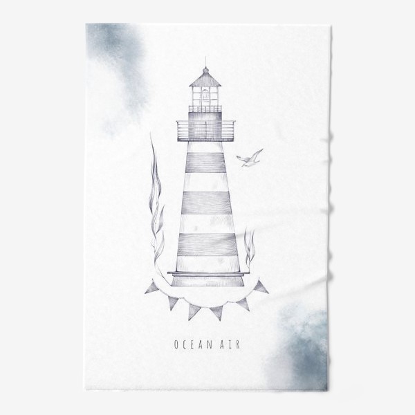 Полотенце «Акварельная нарисованная вручную морская иллюстрация. Полосатый маяк и акварельные водные пятна»