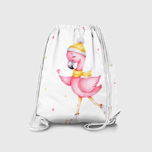 Рюкзак «Розовый фламинго в желтой шапочке и на коньках. Новый год.»