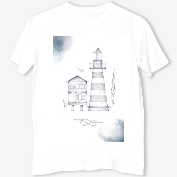 Футболка «Акварельная нарисованная вручную морская иллюстрация. Полосатый маяк рыбацкий домик, акварельные водные пятна»