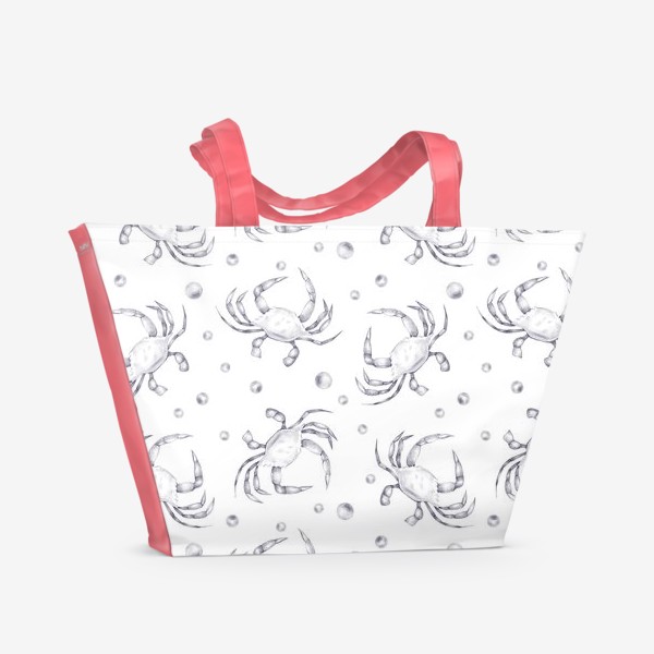 Пляжная сумка «Акварельный нарисованный вручную бесшовный морской фон. Графичные штрихованные крабы, лобстеры»