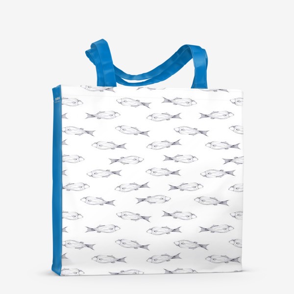 Сумка-шоппер «Акварельный нарисованный вручную бесшовный морской фон. Графичные штрихованные рыбы»