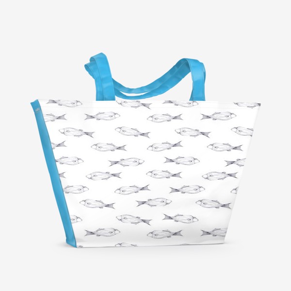 Пляжная сумка «Акварельный нарисованный вручную бесшовный морской фон. Графичные штрихованные рыбы»