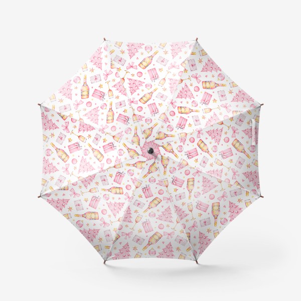 Зонт «Новогодний паттерн с шампанским и розовой елкой»