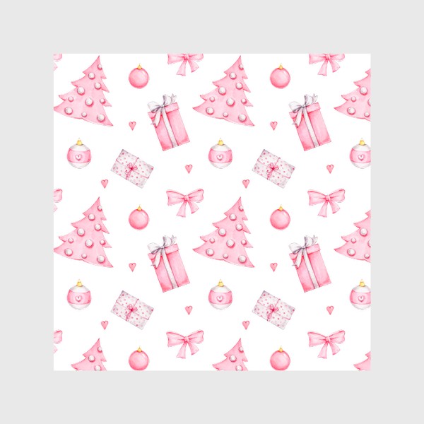 Шторы «Новогодний розовый паттерн: елочка, подарки и шары»