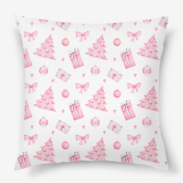 Подушка «Новогодний розовый паттерн: елочка, подарки и шары»